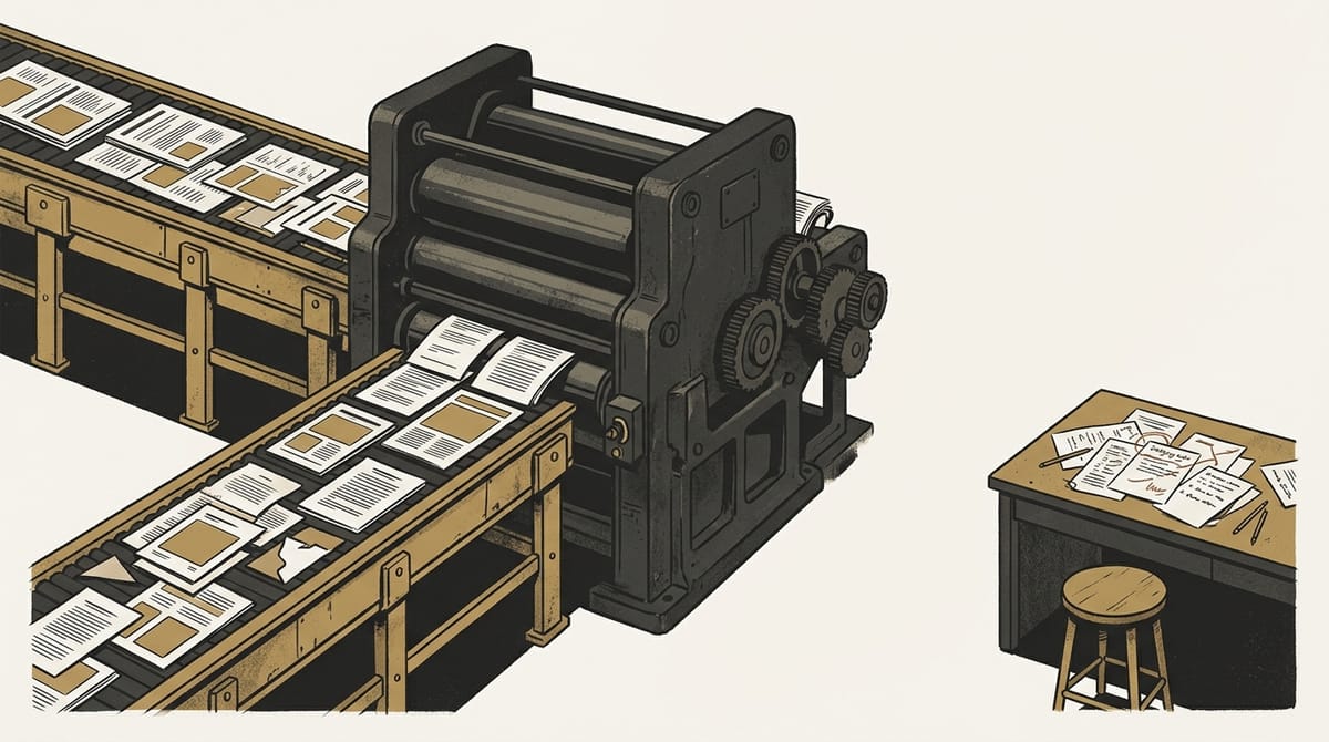 Editorial cover showing a content conveyor system outpacing the quieter judgment desk it should serve.