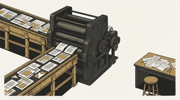 Editorial cover showing a content conveyor system outpacing the quieter judgment desk it should serve.
